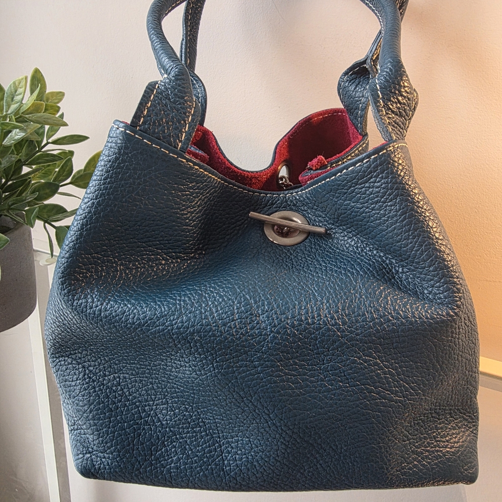 Exclusive Turquoise Leather Shoulder Bag With Hot Pink Suede Interior